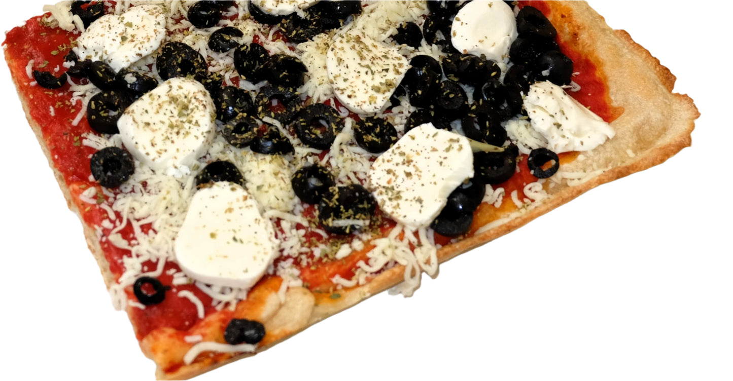 Tomato Base, Black Olives, Bocconcini, Mozzarella Cheeses