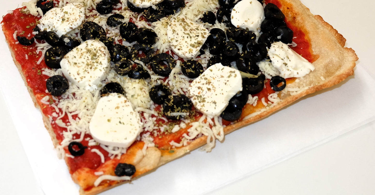 Tomato Base, Black Olives, Bocconcini, Mozzarella Cheeses