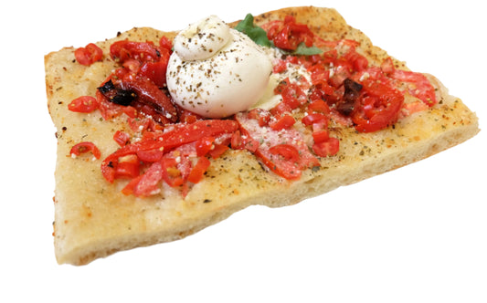 Garlic Base, Tomatoes, Cherry Tomatoes, Burrata and Parmesan Cheeses, Basil